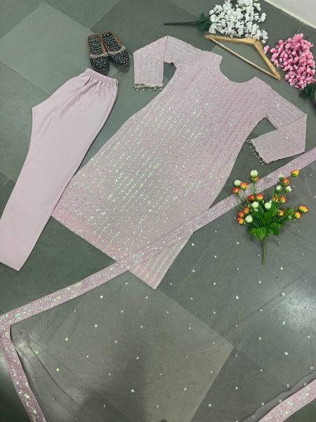 Light Pink Faux Georgette Sequins Suit Georgette Kurti 