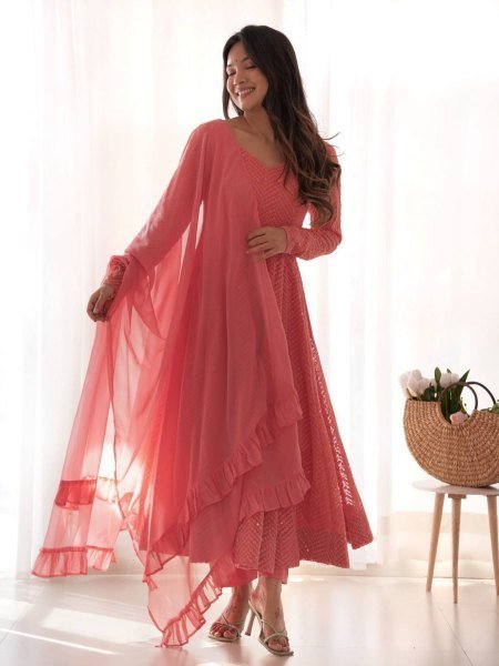 Light Pink Fox Georgette Lucknowi Anarkali Suit with Ruffle Dupatta at Manufacturer Price