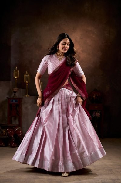 Light Pink Jacquard Silk Weaving Traditional Wear Readymade Lehenga Choli Half Saree Lehenga