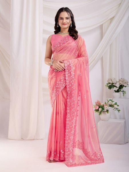 Light Pink Saree in Twill Net With Sequence Work Cocktail Party Shining Saree 