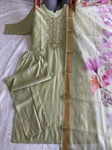 Light Pista Color Roman Silk Kurti pant With Dupatta  3 Piece Kurti Set