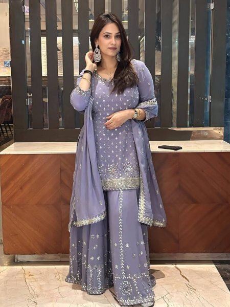 Light Purple Georgette Palazzo Suit Sequin   Real Mirror Work Fully Stitched Ready to Wear Collection from Surat for Resellers 