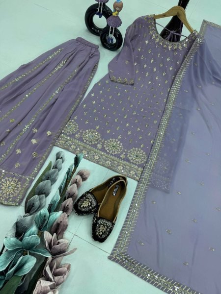 Light Purple Georgette Palazzo Suit Sequin   Real Mirror Work Fully Stitched Ready to Wear Collection from Surat for Resellers Ready To Wear Collection
