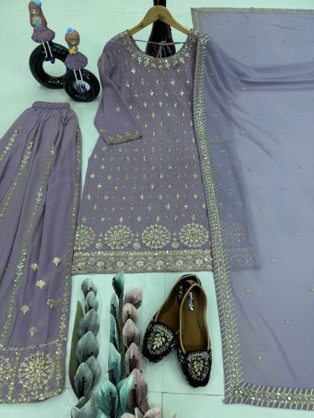 Light Purple Georgette Palazzo Suit Sequin   Real Mirror Work Fully Stitched Ready to Wear Collection from Surat for Resellers Ready To Wear Collection