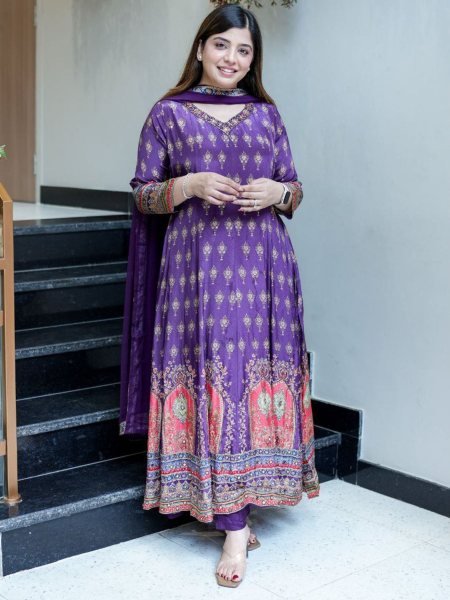 Light weight Chinon Anarkali Kurti with Handworked Neckline with Matching Pant   Dupatta for Party Wear 