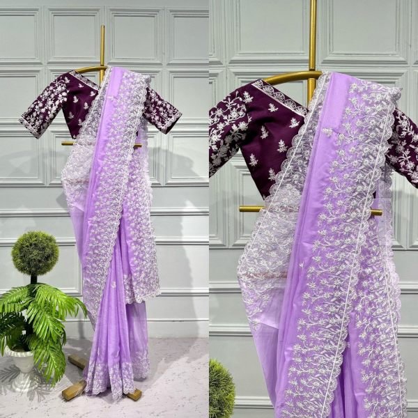Light Weight Organza Silk Saree With Thread   Embroidery Work  Organza Sarees Wholesale