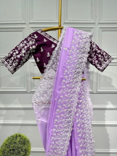 Light Weight Organza Silk Saree With Thread   Embroidery Work  Organza Sarees Wholesale