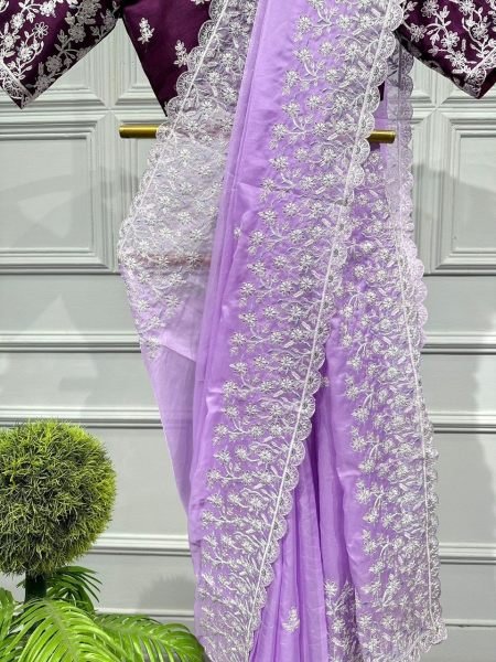 Light Weight Organza Silk Saree With Thread   Embroidery Work  Organza Sarees Wholesale
