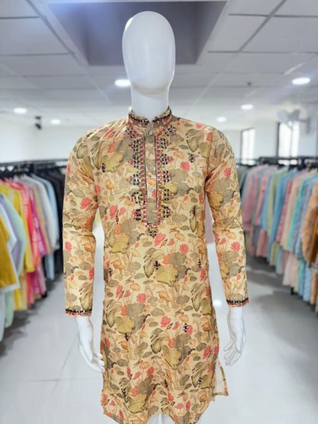 Light Yellow Premium Royal Silk Kurta Pajama with Stylish Embroidered Neck Perfect for Traditional Events