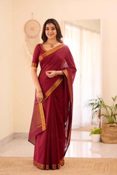 Lightweight Maroon South Cotton Saree with Contrast Waving Border at wholesale rates South Indian Saree 
