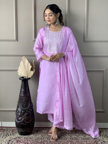 Lilac Viscose Chanderi 3pc Set Kurtis Collection  3 Piece Kurti Set