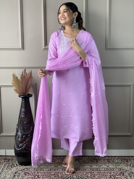 Lilac Viscose Chanderi 3pc Set Kurtis Collection  3 Piece Kurti Set