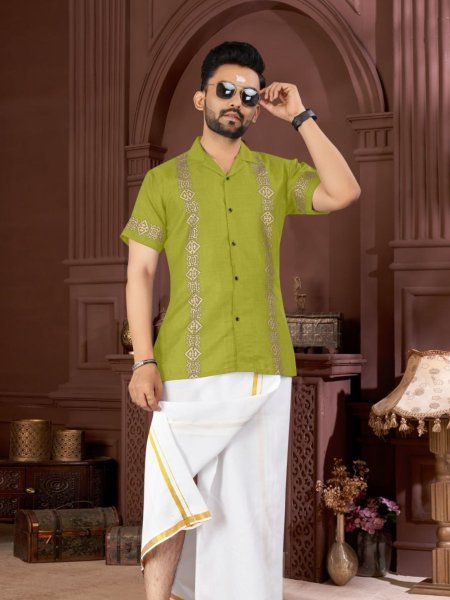 Lime Green Magic Cotton Foil Printed Shirt and 2 Mtr Dhoti Combo Traditional Wear for Men  Mens Shirt
