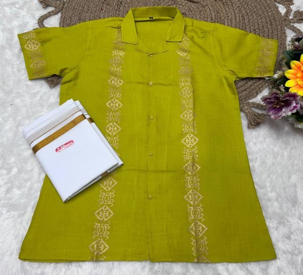 Lime Green Magic Cotton Foil Printed Shirt and 2 Mtr Dhoti Combo Traditional Wear for Men  Mens Shirt