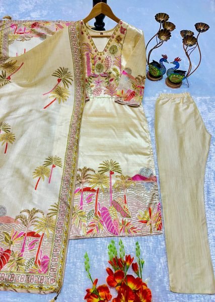 Lively Assam Silk Embroidered Top Pant Set with Digital Print Dupatta for Wholesale buyers  3 Piece Kurti Set