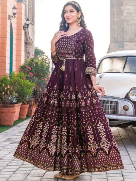 Long Anarkali Gown with Embroidery Work Printed Kurtis