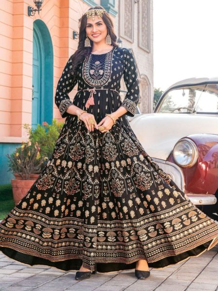 Long Anarkali Gown with Embroidery Work Printed Kurtis