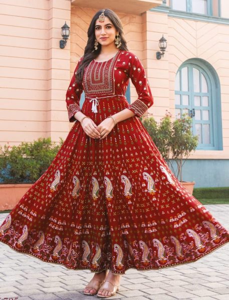 Long Anarkali Gown with Embroidery Work Printed Kurtis