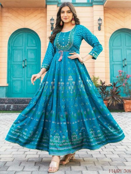 Long Anarkali Gown with Embroidery Work Printed Kurtis