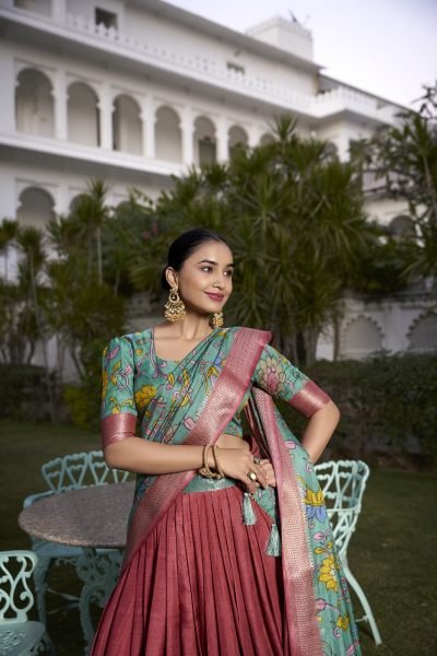 Lovely Coral Red Kalamkari Print Dola Silk Festival Wear Lehenga Choli  Navratri Lehnega Choli