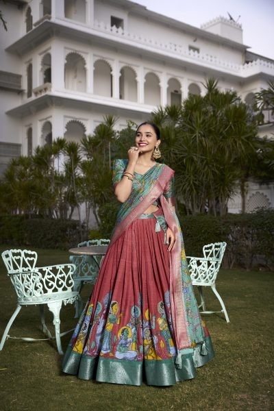 Lovely Coral Red Kalamkari Print Dola Silk Festival Wear Lehenga Choli  Navratri Lehnega Choli
