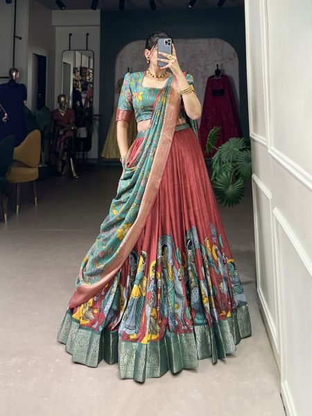 Lovely Coral Red Kalamkari Print Dola Silk Festival Wear Lehenga Choli  Navratri Lehnega Choli