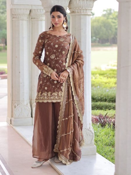 Lustrous Coffee Fully Stitched Fendy Top & Sharara Set at Wholesale Rate for Exporters Ready To Wear Suit