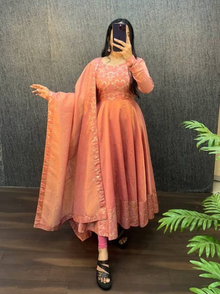 Lustrous Peach Fully Stitch Banarasi Tissu Gown Buyers at Manufacturer Rate 