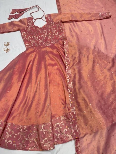 Lustrous Peach Fully Stitch Banarasi Tissu Gown Buyers at Manufacturer Rate Kurti With Dupatta Wholesale