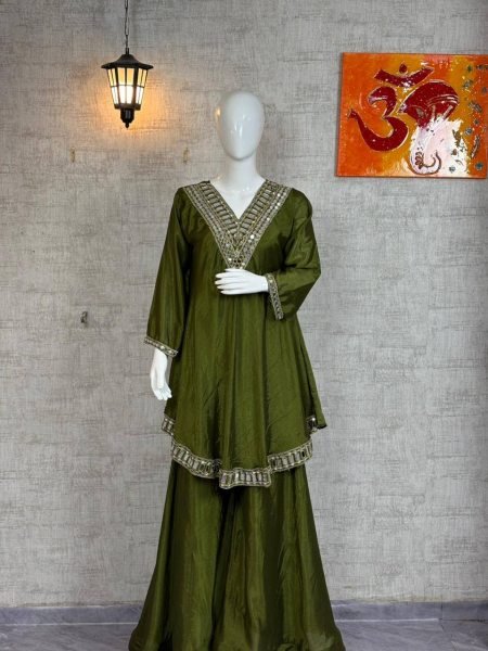 Lustrous touch Mehendi Green Chinon Ready to Wear Top Plazzo and Dupatta  with  Mirror Work at Party Wear   Ready To Wear Collection