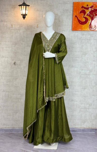 Lustrous touch Mehendi Green Chinon Ready to Wear Top Plazzo and Dupatta  with  Mirror Work at Party Wear   Ready To Wear Collection