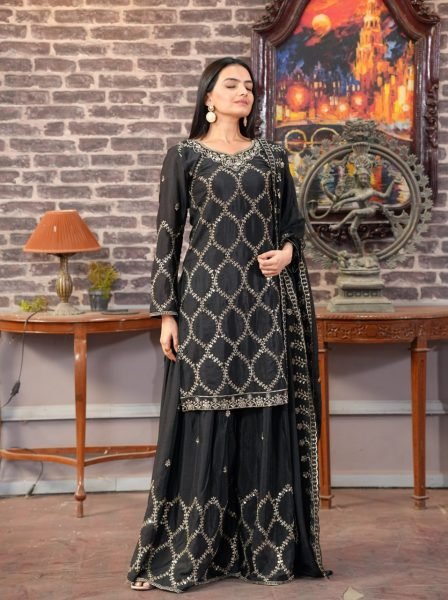 Luxurious Black Chinon Sharara Set with Heavy Sequence Work for Women In Best Price Ready To Wear Collection