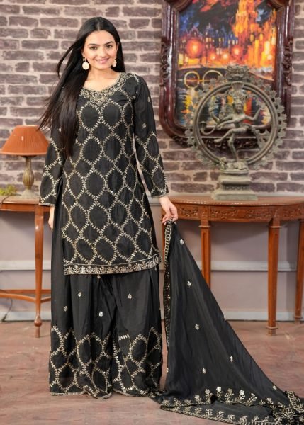 Luxurious Black Chinon Sharara Set with Heavy Sequence Work for Women In Best Price Ready To Wear Collection