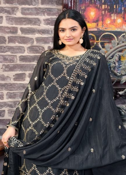 Luxurious Black Chinon Sharara Set with Heavy Sequence Work for Women In Best Price Ready To Wear Collection