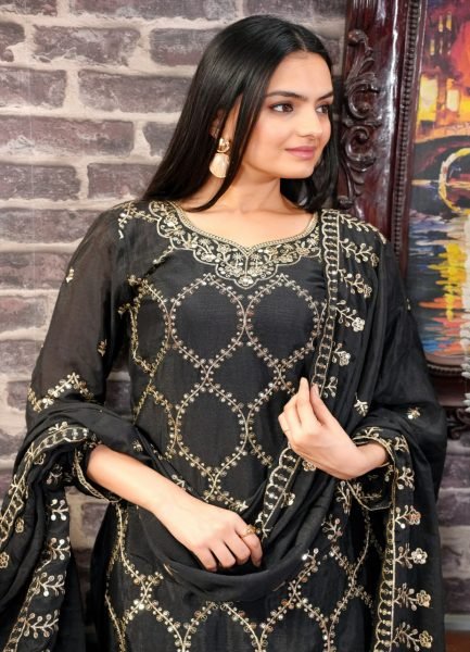 Luxurious Black Chinon Sharara Set with Heavy Sequence Work for Women In Best Price Ready To Wear Collection