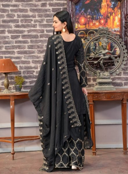 Luxurious Black Chinon Sharara Set with Heavy Sequence Work for Women In Best Price Ready To Wear Collection