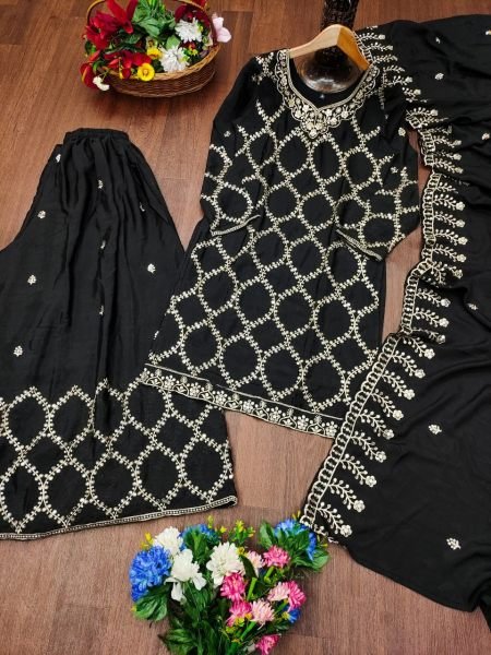 Luxurious Black Chinon Sharara Set with Heavy Sequence Work for Women In Best Price Ready To Wear Collection