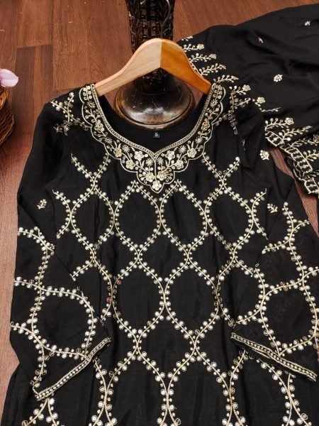 Luxurious Black Chinon Sharara Set with Heavy Sequence Work for Women In Best Price Ready To Wear Collection