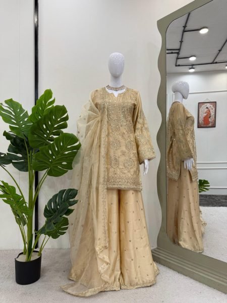 Luxurious Chinon Silk Embroidered Plazzo Suit with Stylish Full Sleeves, Thread and Sequence Work, Fully Stitched Plazzo, and Organza Dupatta for Part Ready To Wear Collection