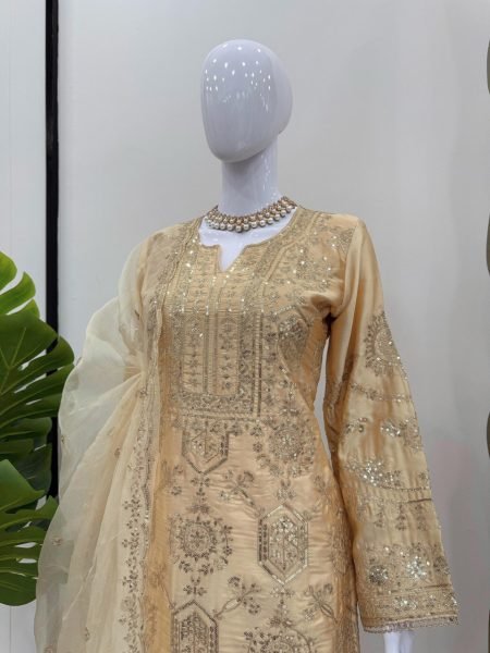 Luxurious Chinon Silk Embroidered Plazzo Suit with Stylish Full Sleeves, Thread and Sequence Work, Fully Stitched Plazzo, and Organza Dupatta for Part Ready To Wear Collection
