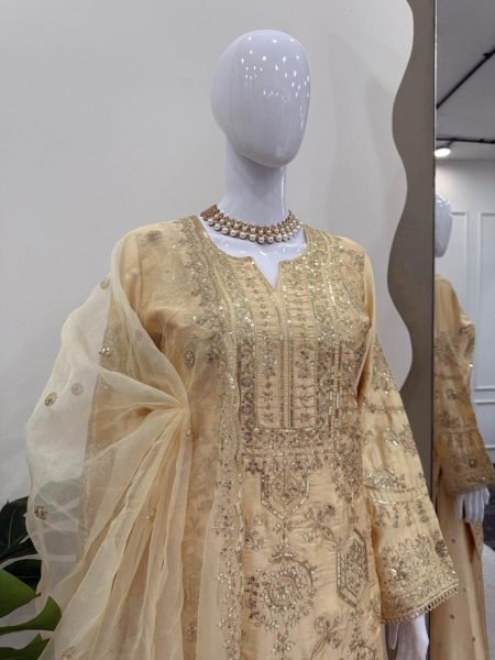 Luxurious Chinon Silk Embroidered Plazzo Suit with Stylish Full Sleeves, Thread and Sequence Work, Fully Stitched Plazzo, and Organza Dupatta for Part Ready To Wear Collection