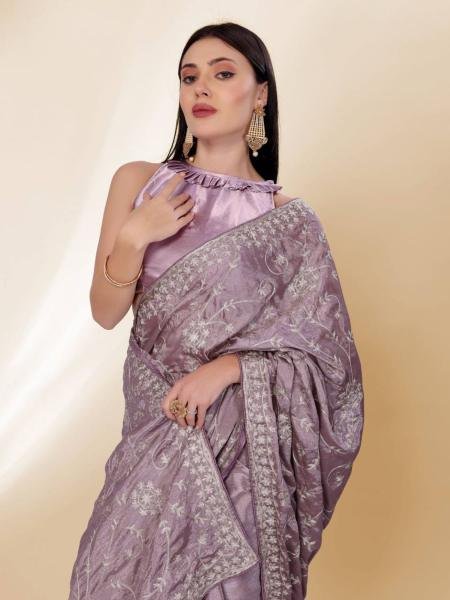 Luxurious Chinon Silk Saree with Kashmiri Embroidery   Lace Border By Royal Export  Sarees 