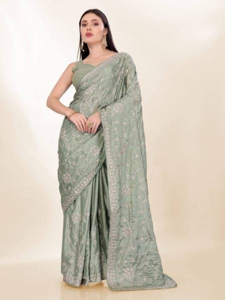 Luxurious Chinon Silk Saree with Kashmiri Embroidery   Lace Border By Royal Export  Embroidery Sarees Wholesale