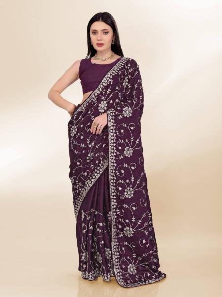 Luxurious Chinon Silk Saree with Kashmiri Embroidery   Lace Border By Royal Export  Embroidery Sarees Wholesale