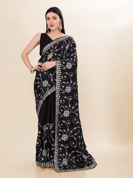 Luxurious Chinon Silk Saree with Kashmiri Embroidery   Lace Border By Royal Export  Embroidery Sarees Wholesale