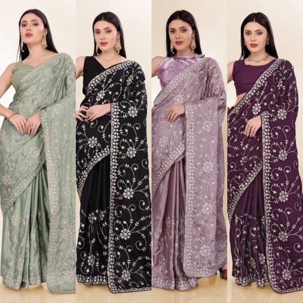 Luxurious Chinon Silk Saree with Kashmiri Embroidery   Lace Border By Royal Export  Embroidery Sarees Wholesale