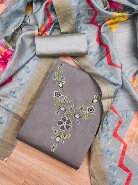 Luxurious Grey Color Roman Silk dress materials Collection with Maslin Digital Print Dupatta