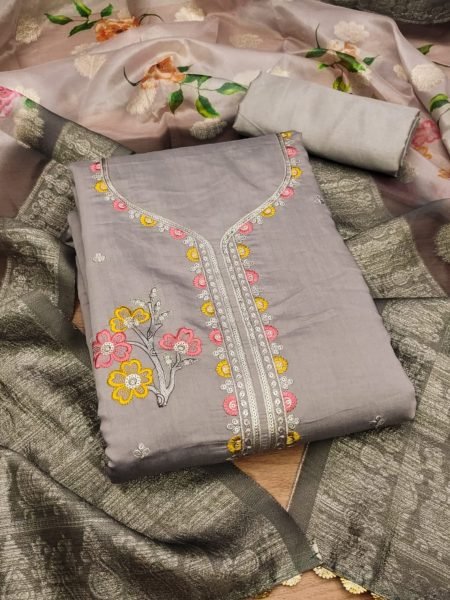 Luxurious Grey Color Roman Silk Dress Materials Collection With Digital Print Dupatta