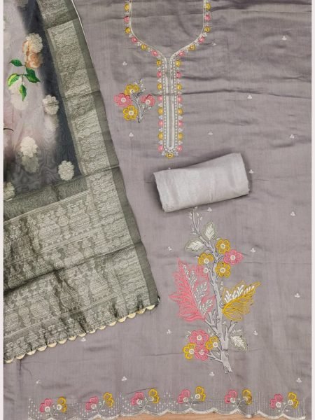 Luxurious Grey Color Roman Silk Dress Materials Collection With Digital Print Dupatta Color Set Matching Dress Material Wholesale
