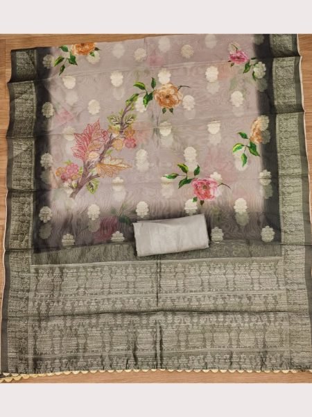 Luxurious Grey Color Roman Silk Dress Materials Collection With Digital Print Dupatta Color Set Matching Dress Material Wholesale